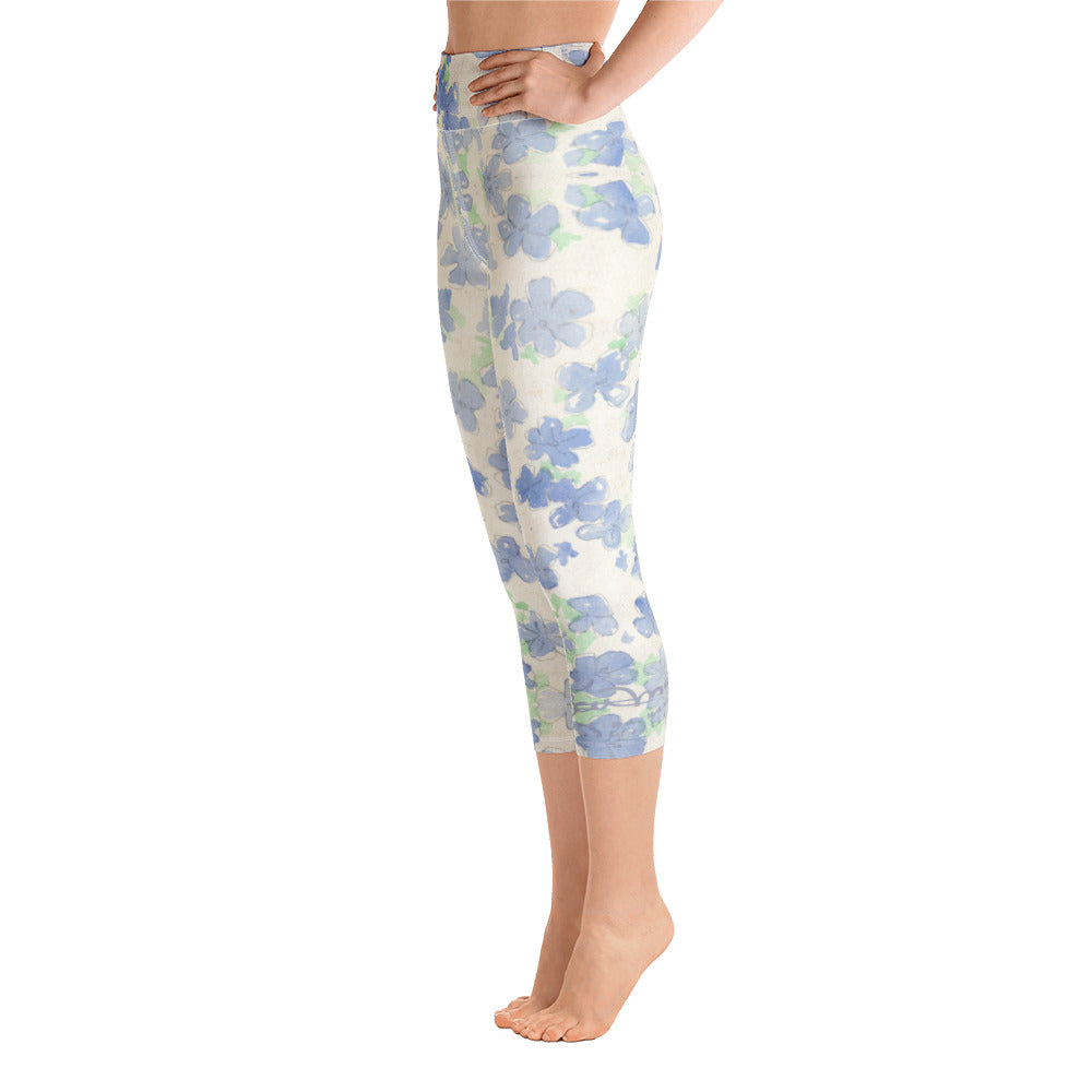 Blu&White Watercolor Floral Yoga Capri Leggings