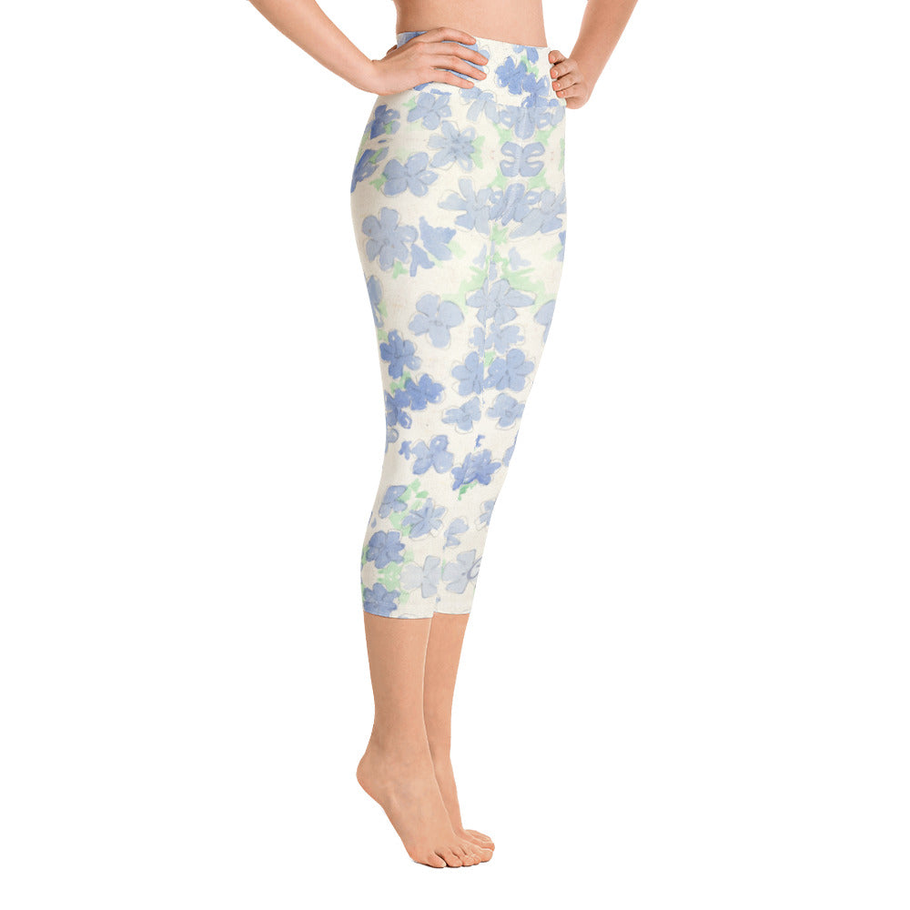 Blu&White Watercolor Floral Yoga Capri Leggings