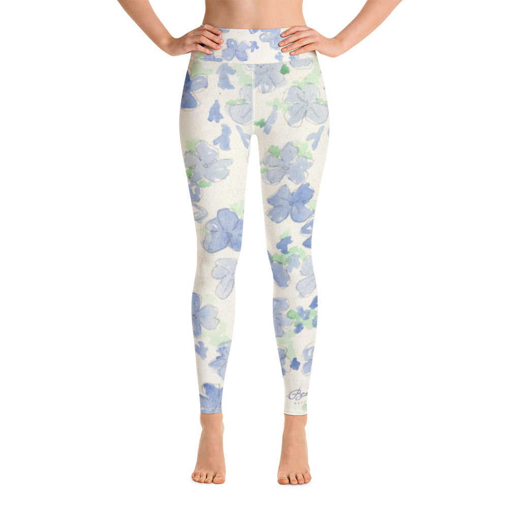 Blu&White Watercolor Floral Yoga Leggings