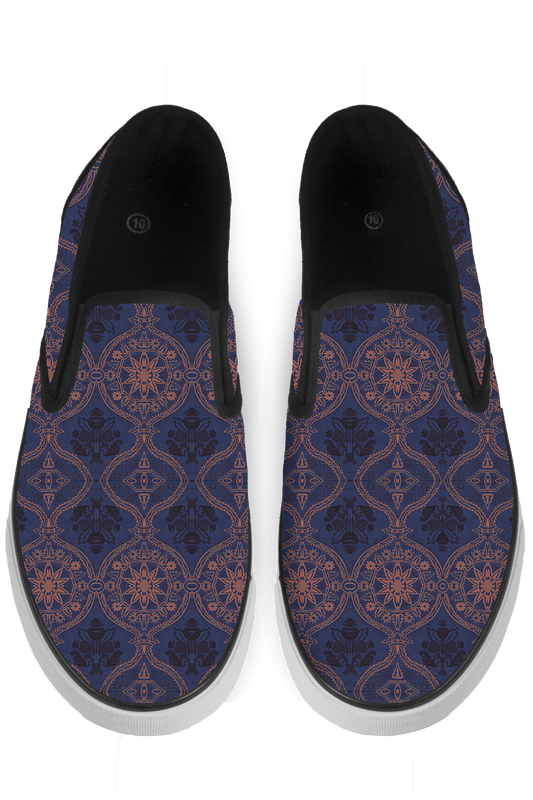 Sargasso Blue and Mellow Rose Damask Slip On Sneakers - x