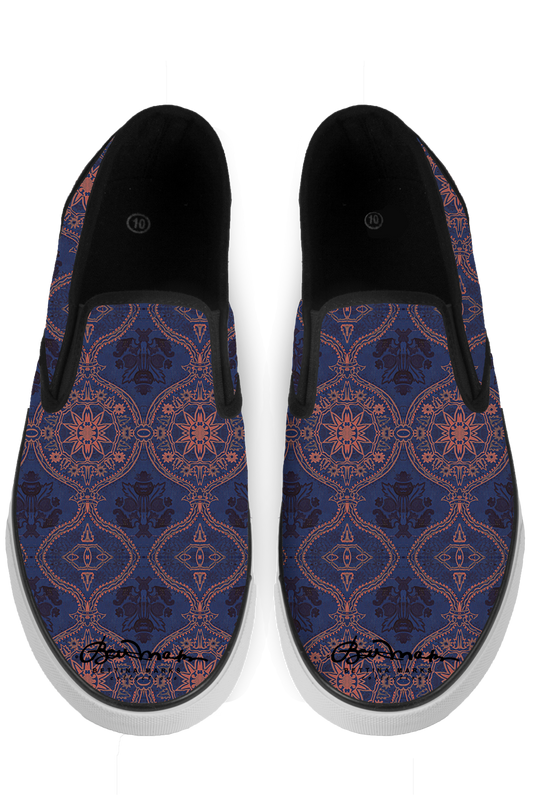 Sargasso Blue and Mellow Rose Morrocan Damask Slip On Sneakers