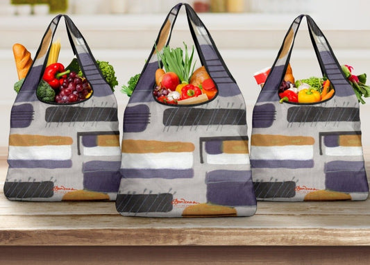 Menswear Denim Upholstery Stripe Grocery Bag