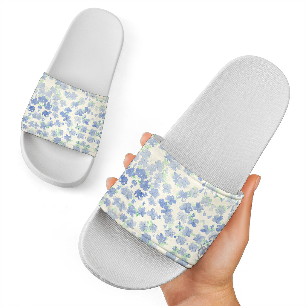 Blu&White Watercolor Floral Slide Sandal