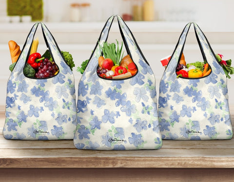 Blue&White Watercolor Floral Grocery Bag