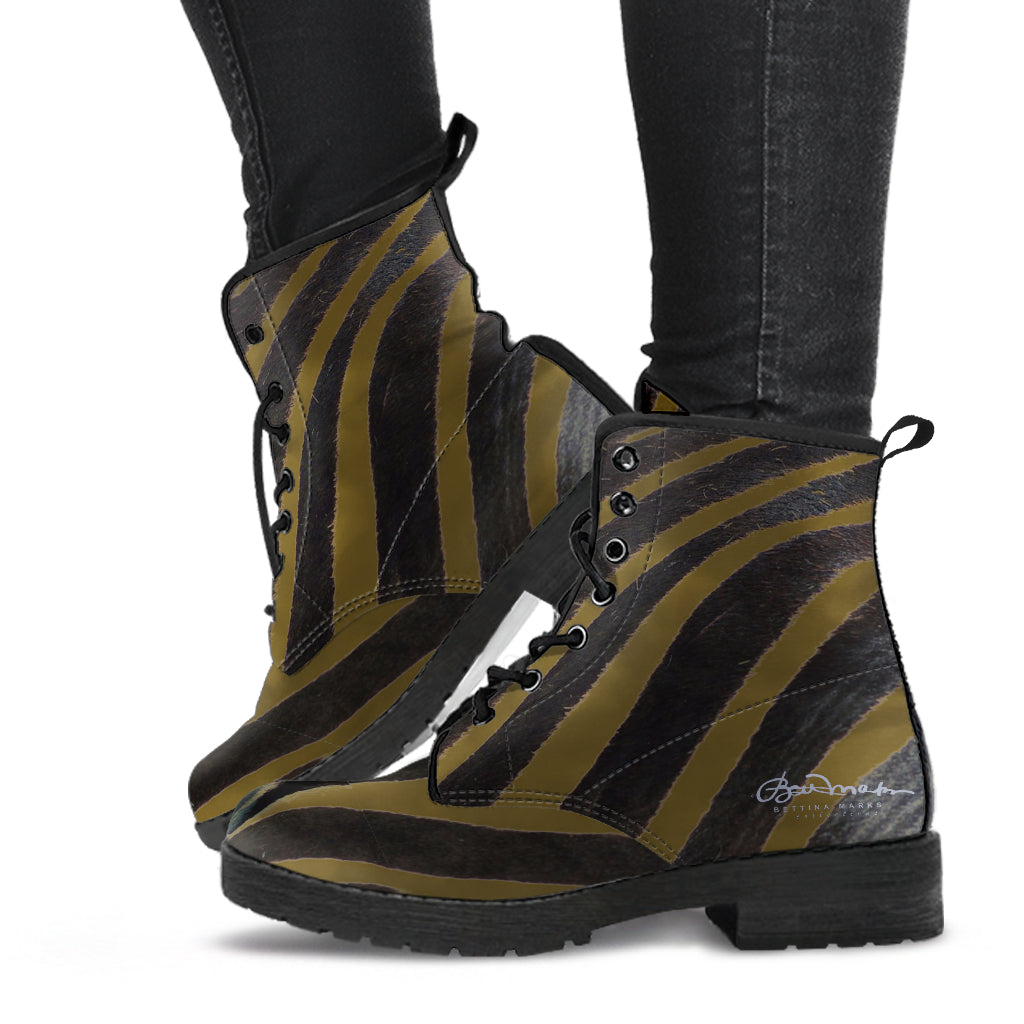 Olive Zebra Leather Boots (Vegan)