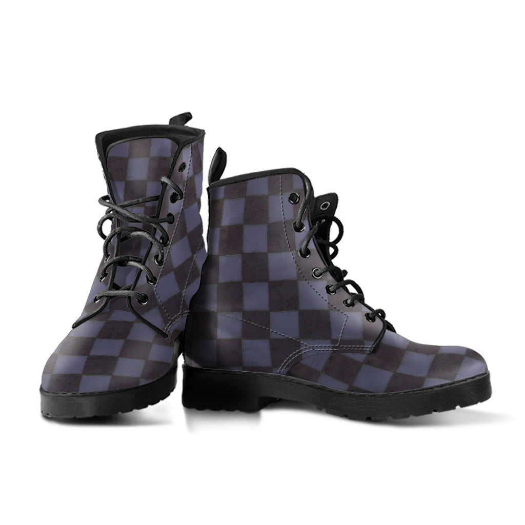 Slate Blue Checkerboard Leather Boots (Vegan)