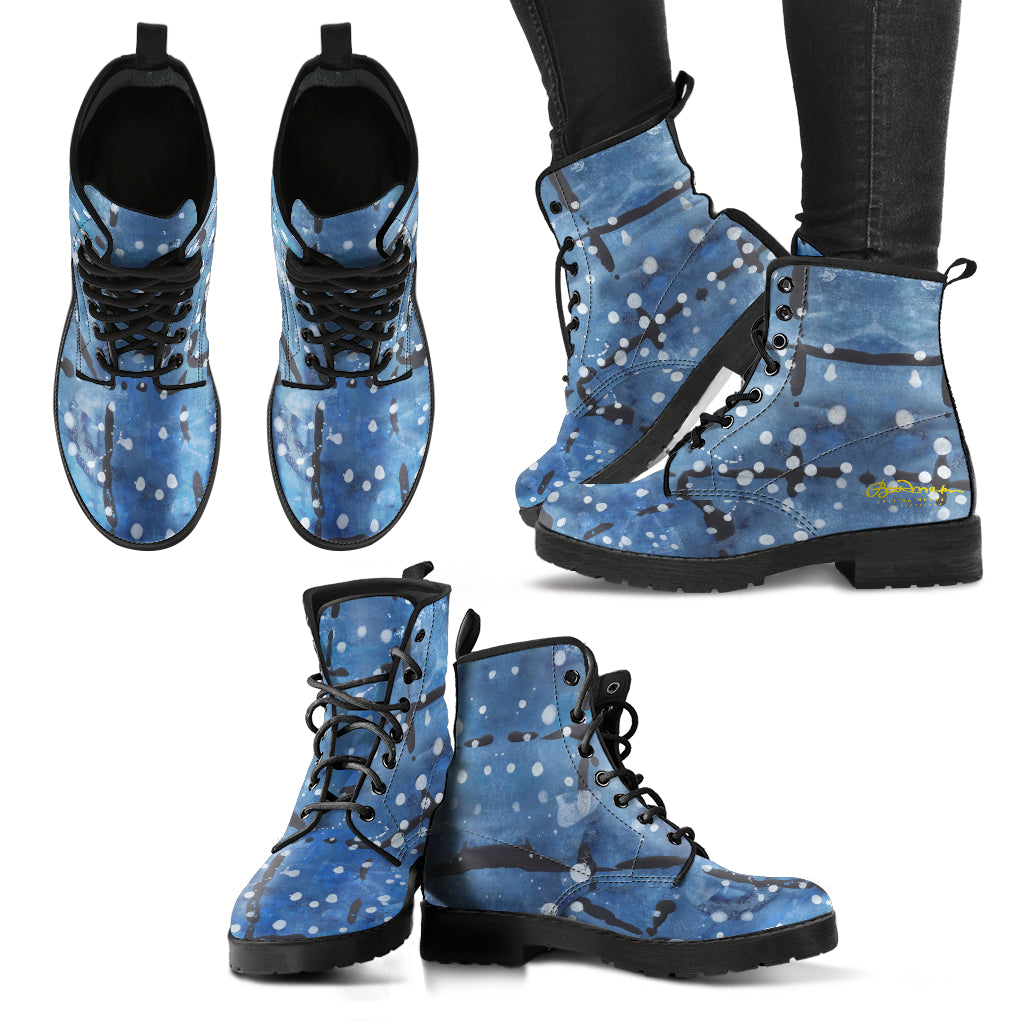 Blu&White Dotted Plaid Leather Boots (Vegan)