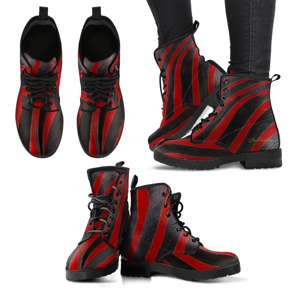 Red Zebra Leather Boots (Vegan)