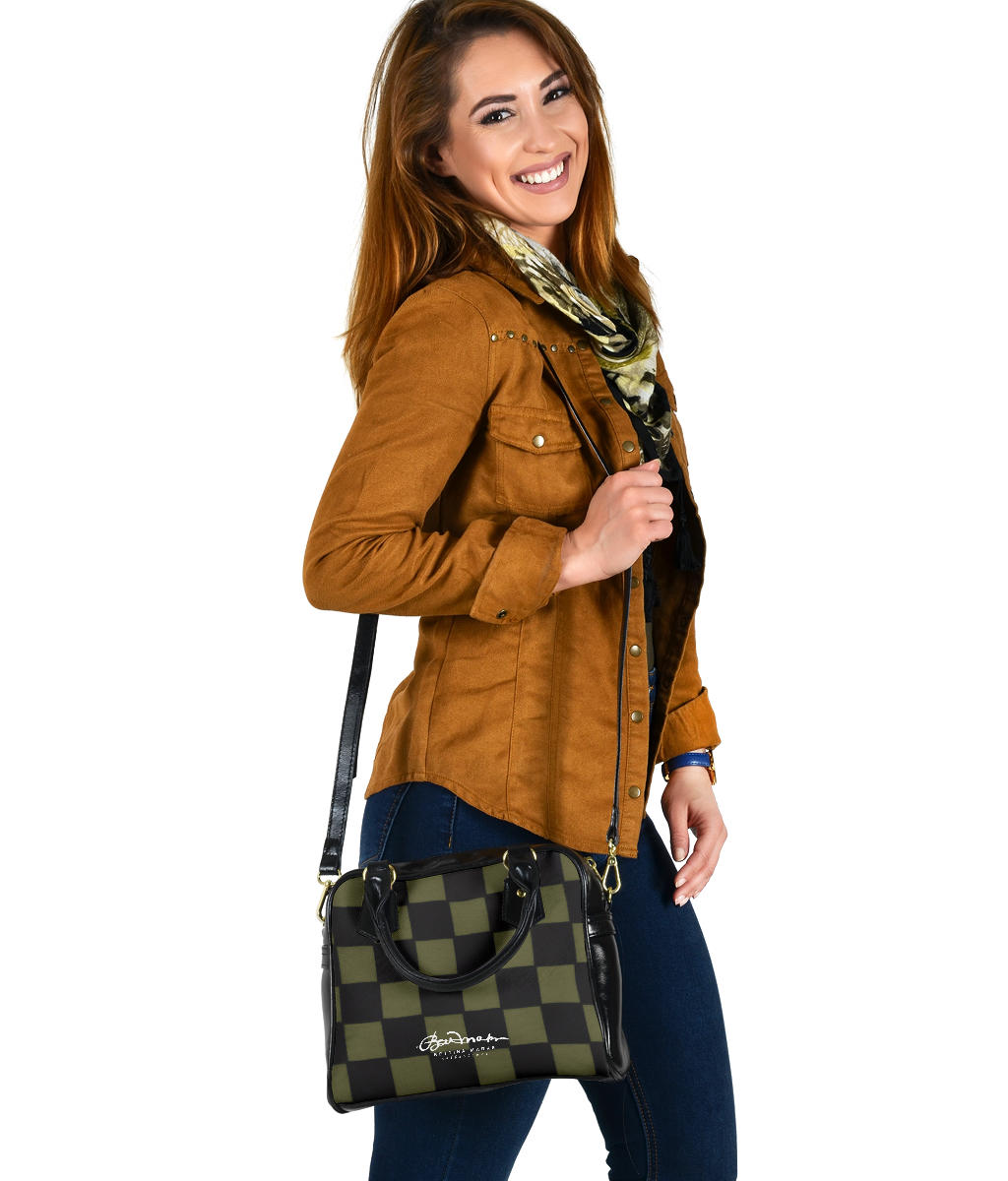 Khaki Checkerboard Hand Bag w Shoulder Strap