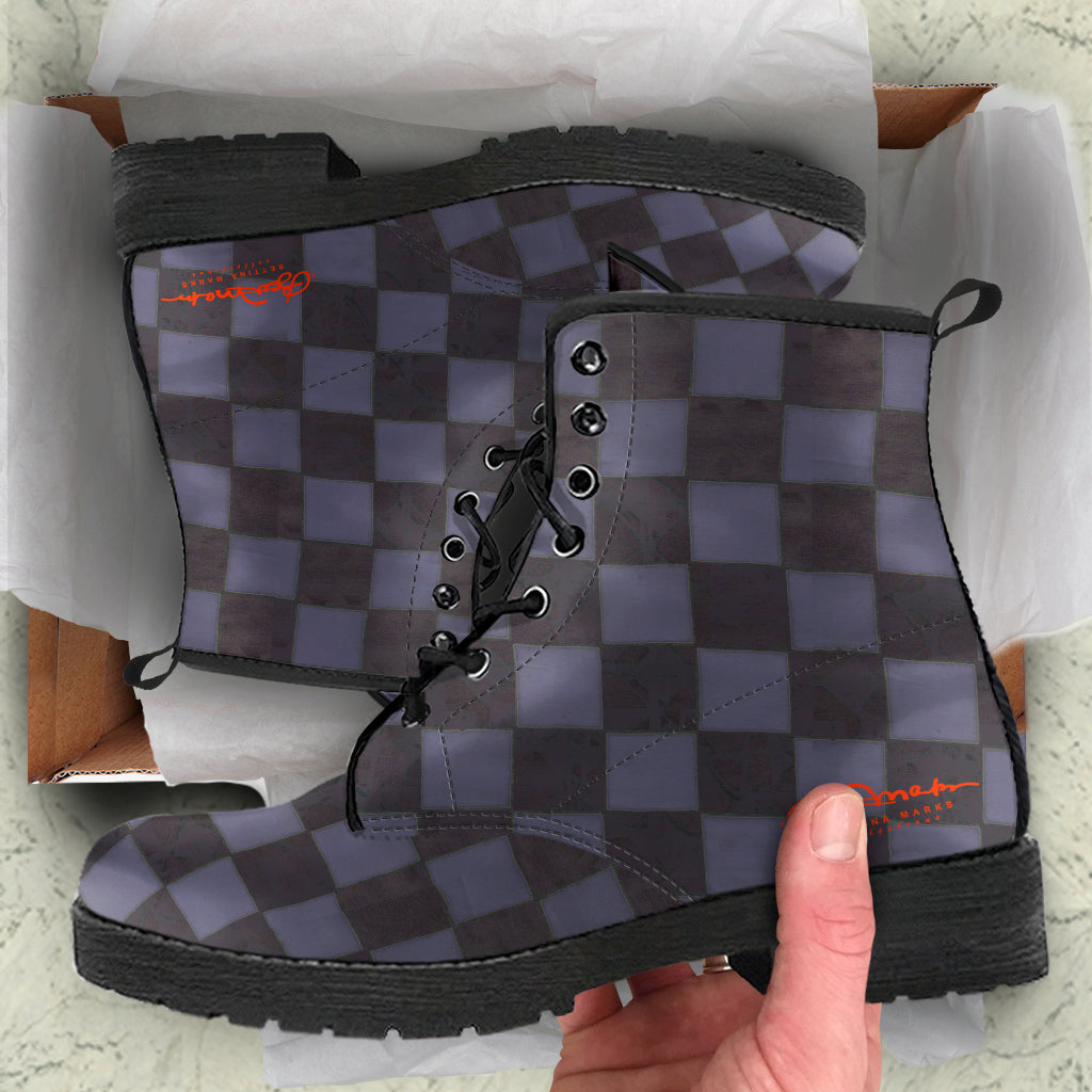 Slate Blue Checkerboard Leather Boots (Vegan)