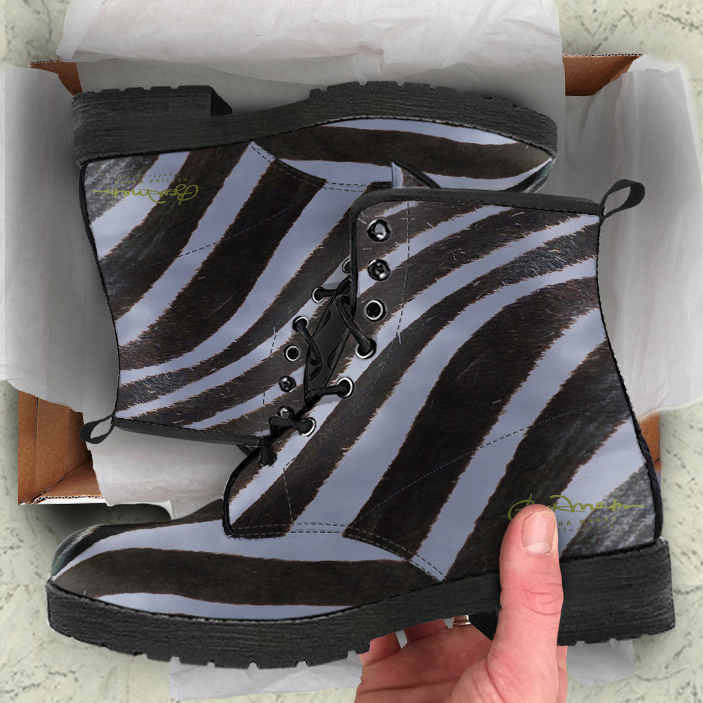 Grey Zebra Leather Boots (Vegan)