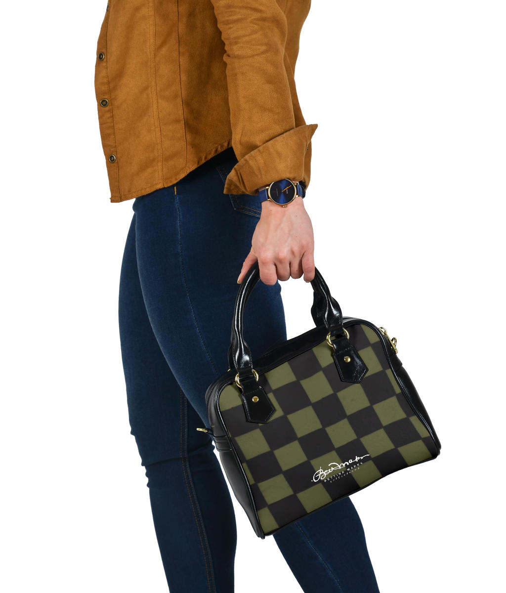 Khaki Checkerboard Hand Bag w Shoulder Strap