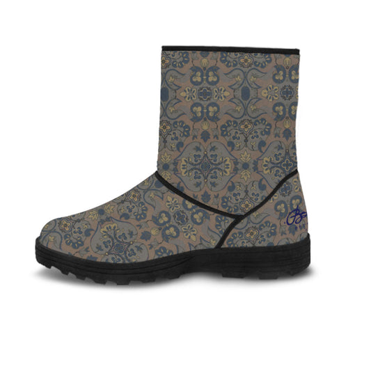 Faux Fur Not Quite Paisley Metal and Bright Sea Blue Boots