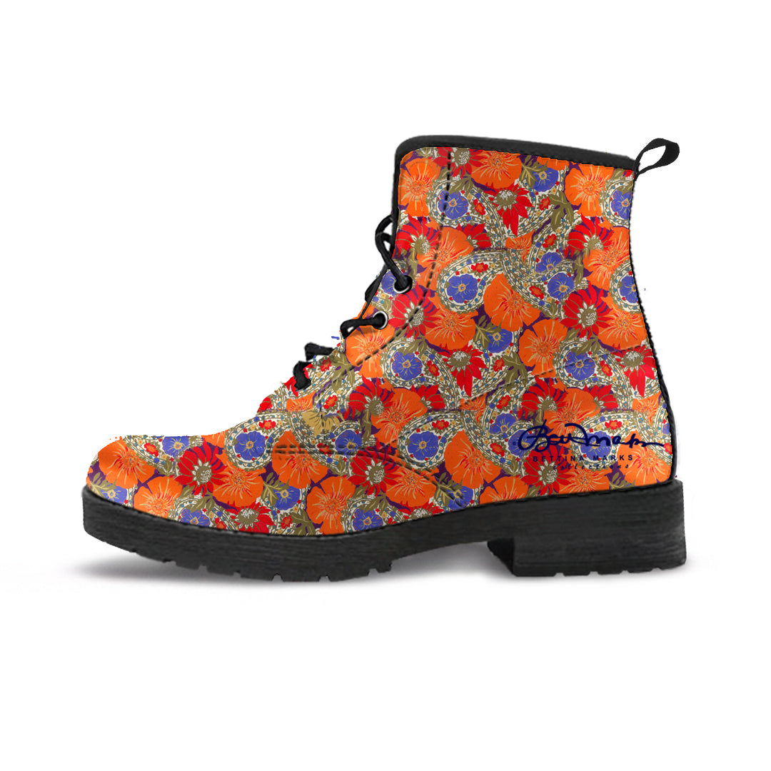 Orange Poppy Olive and Bright Sea Blue Paisley Floral Leather boots (Vegan)